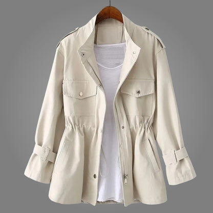 Women's Utility Jacket with Elasticated Waist and Snap Button Chest Pockets and Centre Front Zip Closure