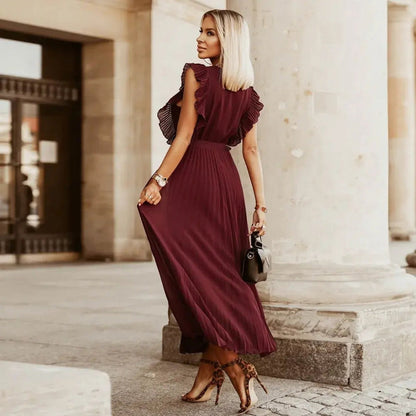 Women's V-Neck Maxi Dress with Ruffle Shoulder Detail and Pleated Skirt and Tie Waist Belt