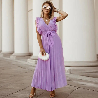 Women's V-Neck Maxi Dress with Ruffle Shoulder Detail and Pleated Skirt and Tie Waist Belt