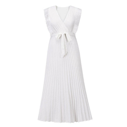 Women's V-Neck Maxi Dress with Ruffle Shoulder Detail and Pleated Skirt and Tie Waist Belt