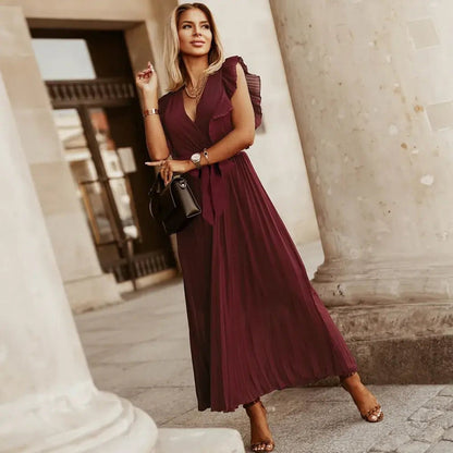 Women's V-Neck Maxi Dress with Ruffle Shoulder Detail and Pleated Skirt and Tie Waist Belt