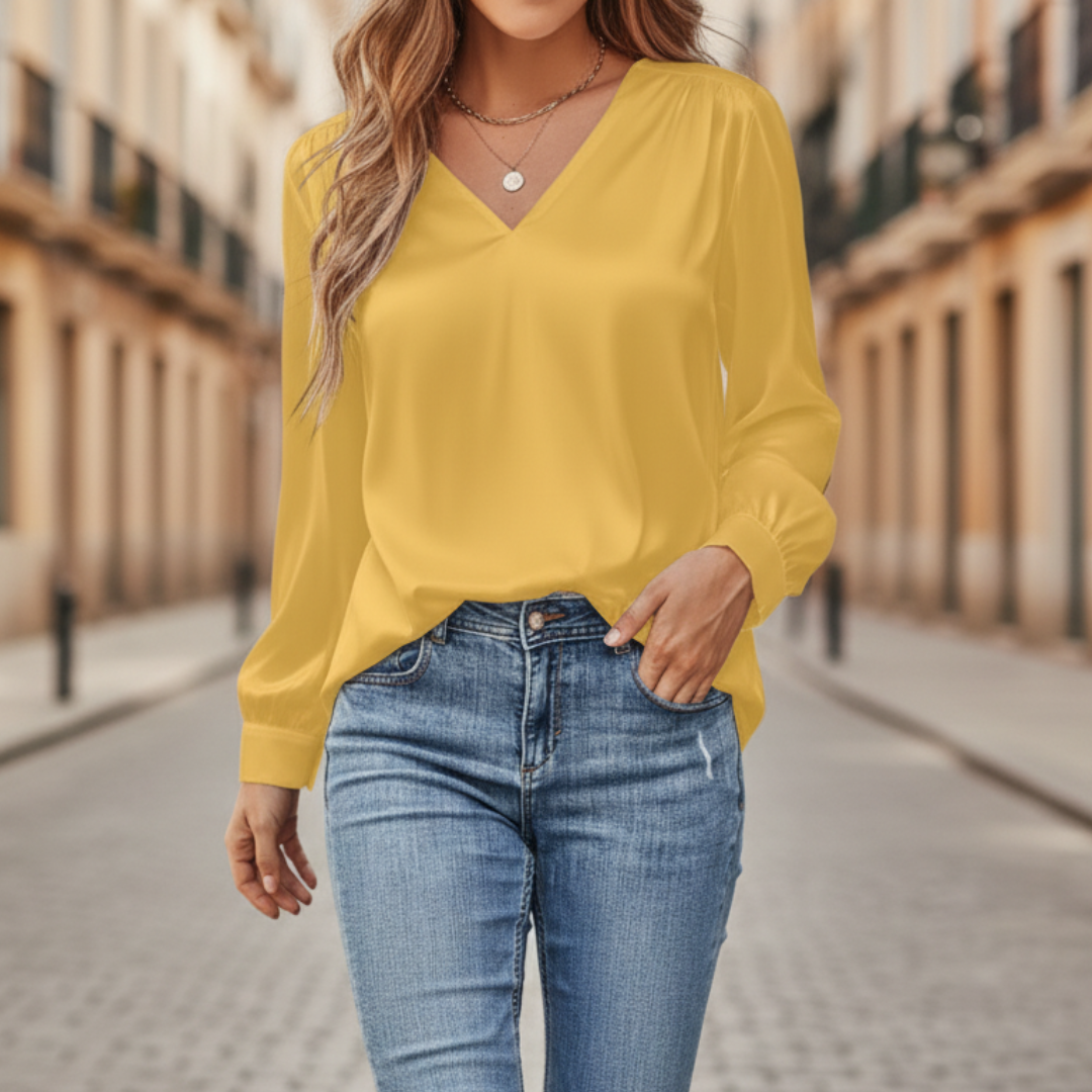 Damen Satinbluse mit V-Ausschnitt und Langarm