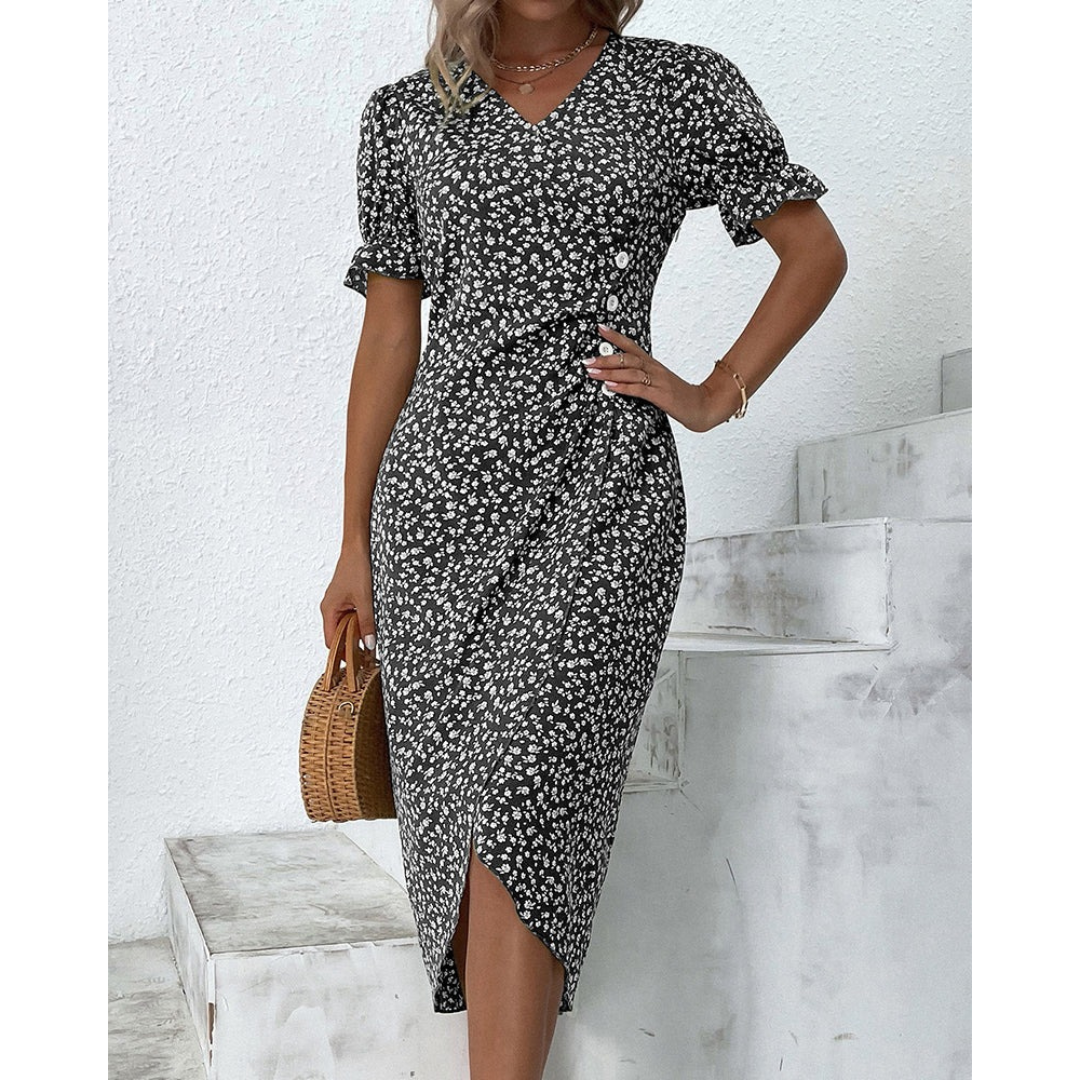 Ylva | Damen Sommerkleid Midi Wickel Mit Blumen Für Alltag