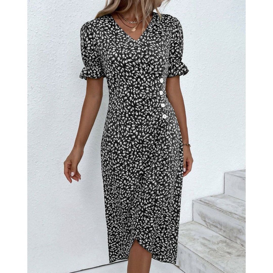 Ylva | Damen Sommerkleid Midi Wickel Mit Blumen Für Alltag