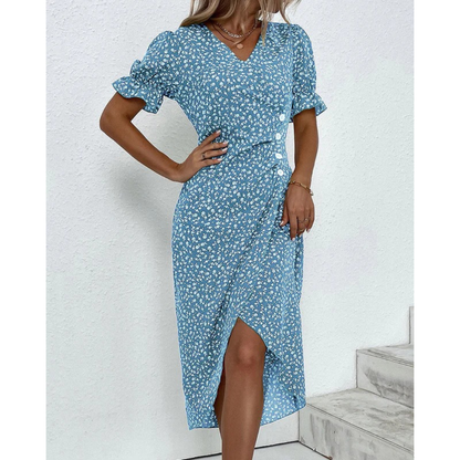 Ylva | Damen Sommerkleid Midi Wickel Mit Blumen Für Alltag