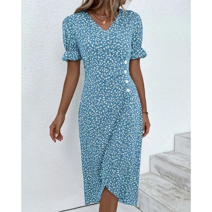 Ylva | Damen Sommerkleid Midi Wickel Mit Blumen Für Alltag