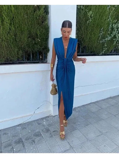 Charlotte | Women's Midi Dress With Deep V-Neck And Draped Waist | Elegant