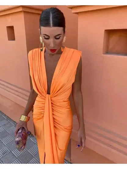 Charlotte | Women's Midi Dress With Deep V-Neck And Draped Waist | Elegant