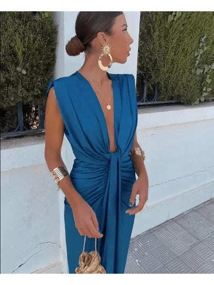 Charlotte | Women's Midi Dress With Deep V-Neck And Draped Waist | Elegant