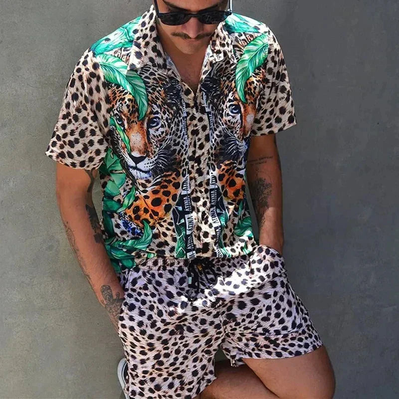 Men’s Summer Two Piece Set Printed Shirt and Shorts Lightweight Breathable Holiday Outfit