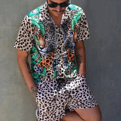 Men’s Summer Two Piece Set Printed Shirt and Shorts Lightweight Breathable Holiday Outfit