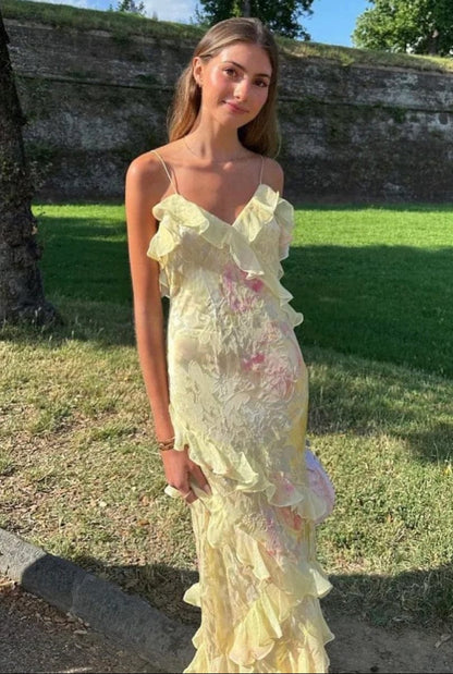 Mirabel - Ruffle V-Neck Maxi Holiday Dress