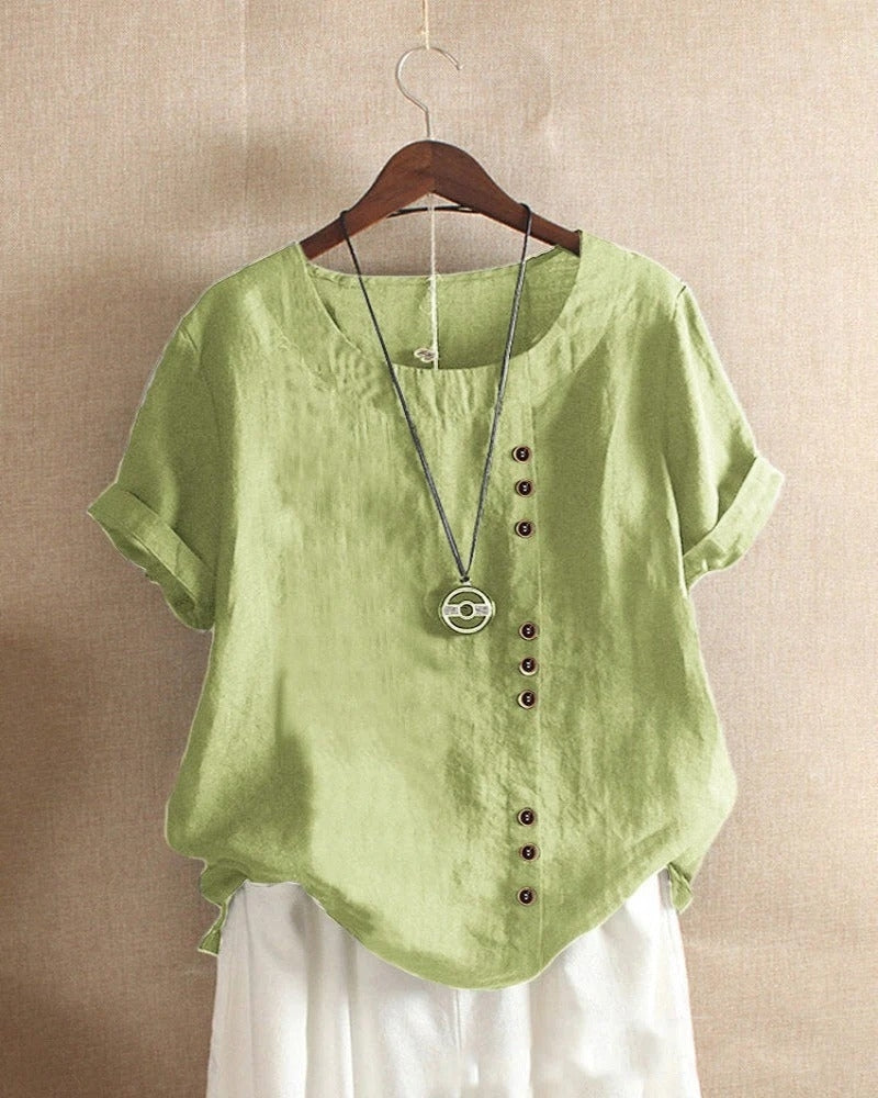 Zeitlos Damen lockere Bluse mit Knopfleiste | Kurzarm