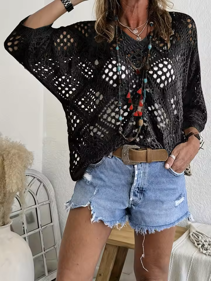BreezeLayer™ Trendy Perforeret Sweater - Komfortabel Boho Dametrøje 🌸