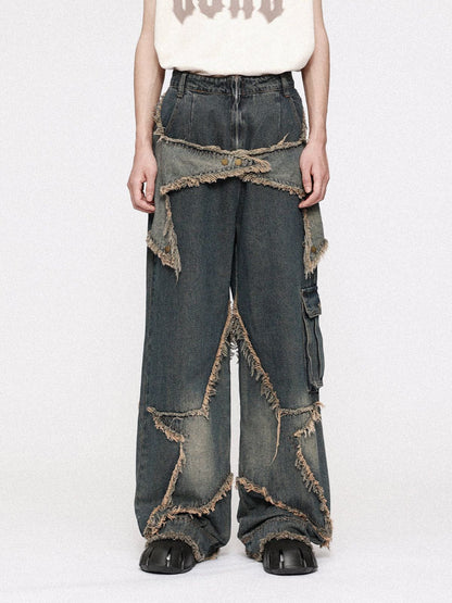 Distressed Effect Patchwork Star Denim Jeans  @shuuuie