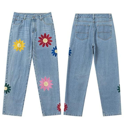 Colorful Embroidered Flowers Jeans
