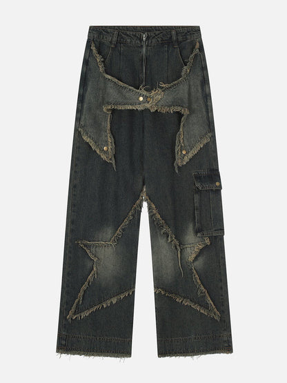 Distressed Effect Patchwork Star Denim Jeans  @shuuuie
