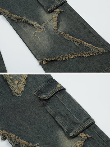 Distressed Effect Patchwork Star Denim Jeans  @shuuuie